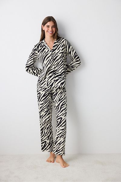 Penti Baumwoll-Pyjama-Set mit Zebra-Hemd und Hose in Grau
