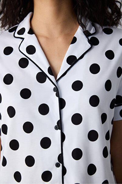 Penti Pamuklu Black Dotted Gömlek Pantolon Beyaz Pijama Takımı