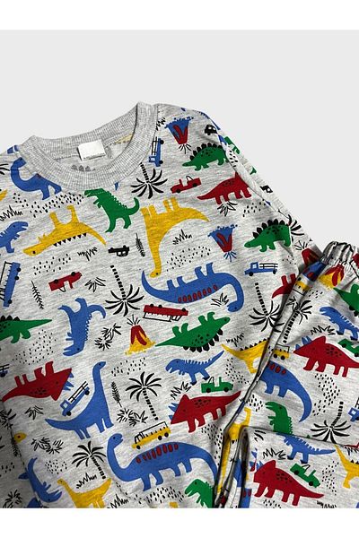 Fil Kids Boy's Cotton Gray Dinosaur Patterned Long Sleeve Seasonal Pajamas Set