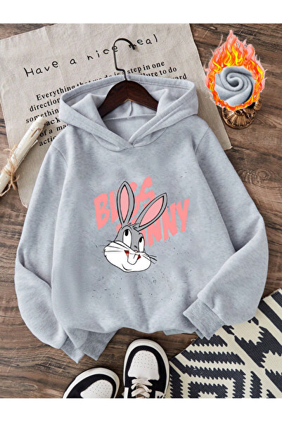 Eritqaa سويت شيرت بقلنسوة كبير الحجم مطبوع عليه صورة أرنب باغز باني باللون ال...