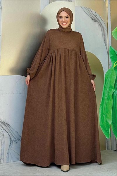 TRENDTESETTÜR Γυναικείο πλεκτό φόρεμα Hijab με ρόμπα Tan - T 1206