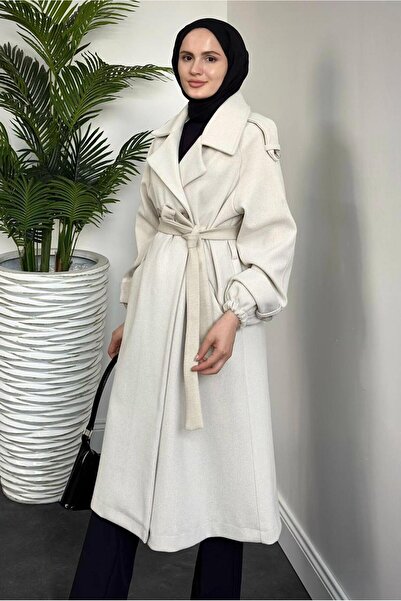 TRENDTESETTÜR Beige Stone Colored Women's Coat - Belt Detailed t 0116