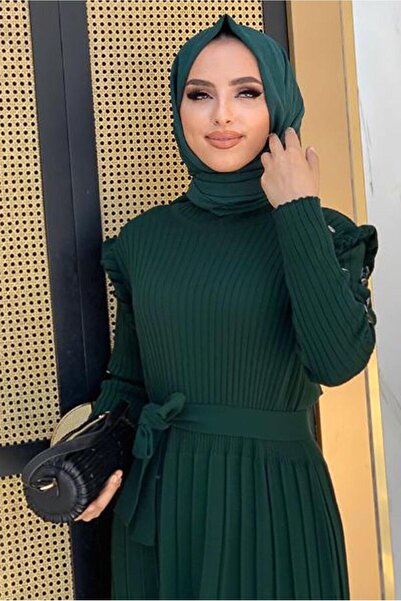 TRENDTESETTÜR فستان تريكو نسائي أخضر (زمرد) مطوي ومكشكش T 40222