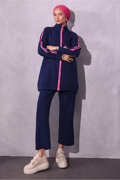 TRENDTESETTÜR Women's Dark Blue Striped Detailed Pant Suit t 2654