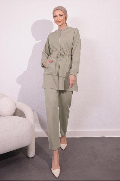 TRENDTESETTÜR Σετ γυναικείο πλεκτό παντελόνι σε μπεζ χρώμα - T 4044