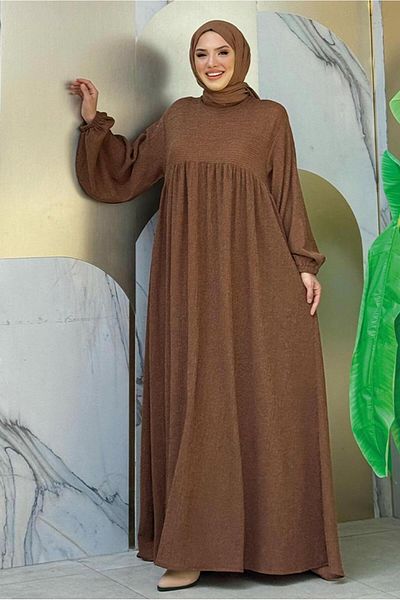 TRENDTESETTÜR Γυναικείο πλεκτό φόρεμα Hijab με ρόμπα Tan - T 1206