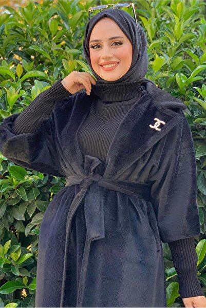 TRENDTESETTÜR Women's Black Bellowed Plush Coat t 3297