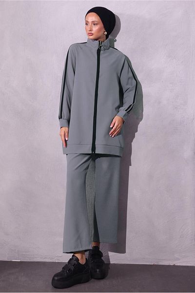TRENDTESETTÜR Gray Stripe Detailed Women's Trousers Set - t 2654