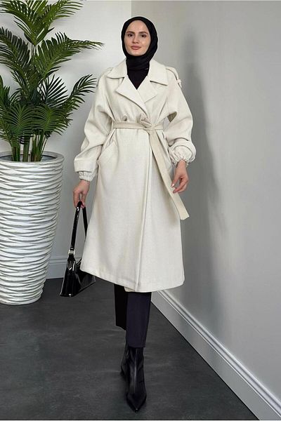 TRENDTESETTÜR Γυναικείο παλτό σε μπεζ πέτρα - Λεπτομέρεια ζώνης T 0116
