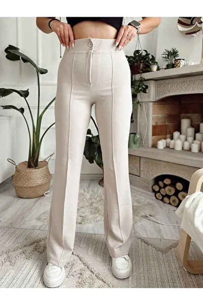 Nevruz Women's Beige Crepe Fabric Extra High Waist Lycra Front Looped Spaghetti Pants