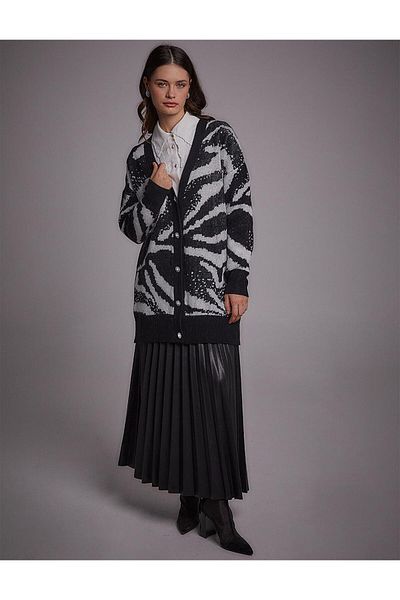 Kayra Exclusive Abstract Pattern Premium Knitwear Cardigan Black-white