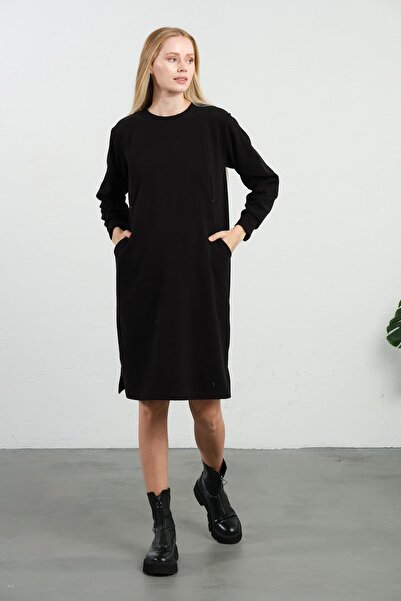 BUSA Hamile Emzirme Detaylı Cepli Yumuşak Dokulu Selanik Regular Fit Elbise Siyah