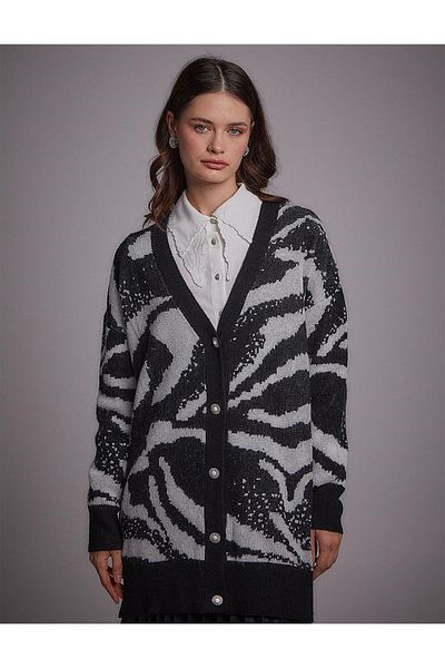 Kayra Exclusive Abstract Pattern Premium Knitwear Cardigan Black-white