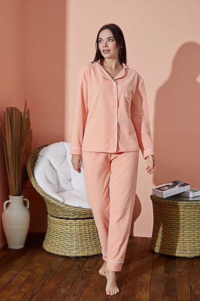 eliz Salmon Color Corded Long Sleeve Fleece Pajama Set - Eliz