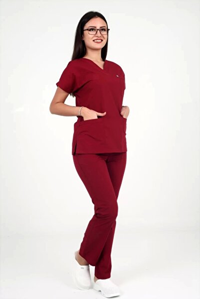DENİZ İŞ Women's Terycotton Yarasakol Burgundy Color Scrubs Suit