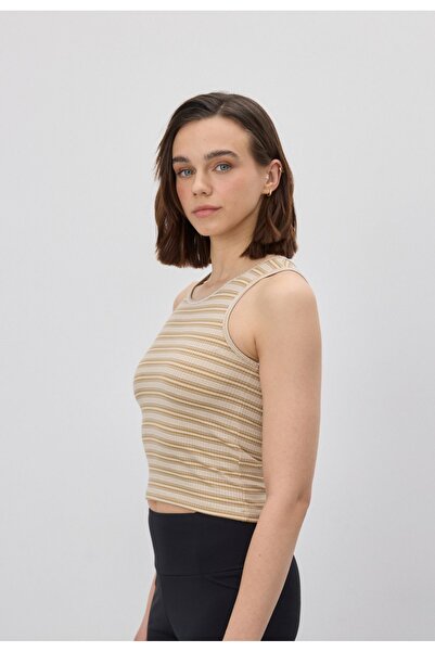 TUBİA Γυναικείο μπλουζάκι με ριγέ μπεζ Crop Zero Sleeve