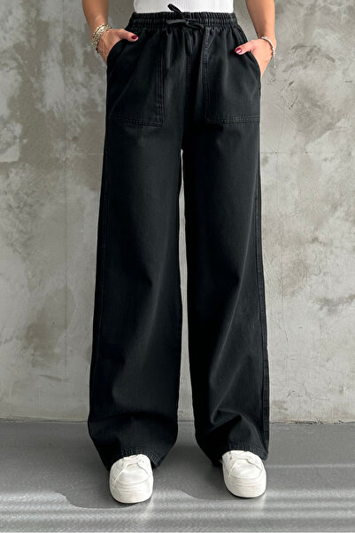 macharel jeans Black Waist Elastic Wide Leg Pocket Trousers