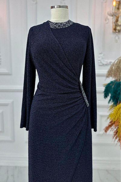 Amine Hüma Simay Hijab βραδινό φόρεμα Navy Blue