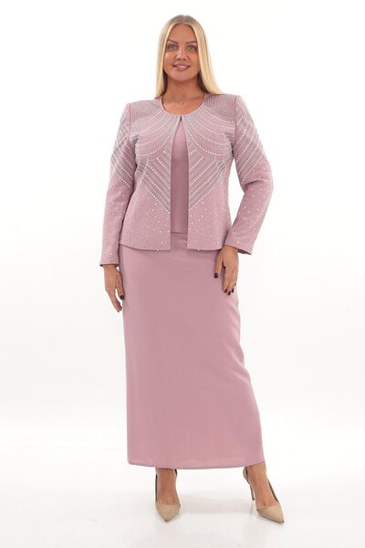 Stone Embroidered Long Sleeve Crepe Fabric Powder Long Skirt Triple Set