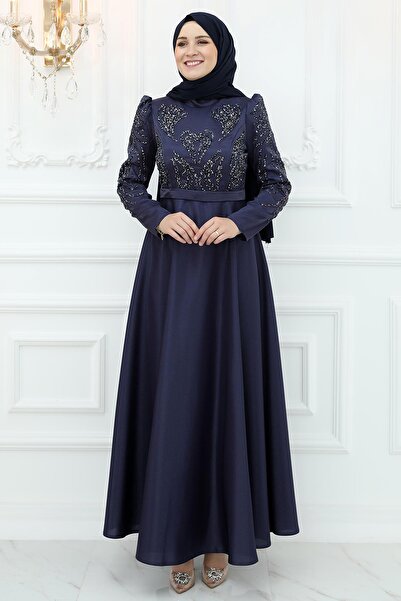 Amine Hüma Asya Saten Abiye Lacivert