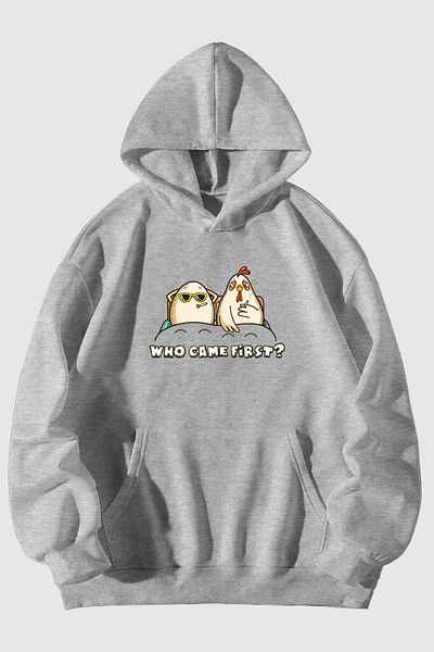 Harmandar Unisex Μαύρο φούτερ με κουκούλα - Who Came First Printed, Hoodie Kangaroo Pocket