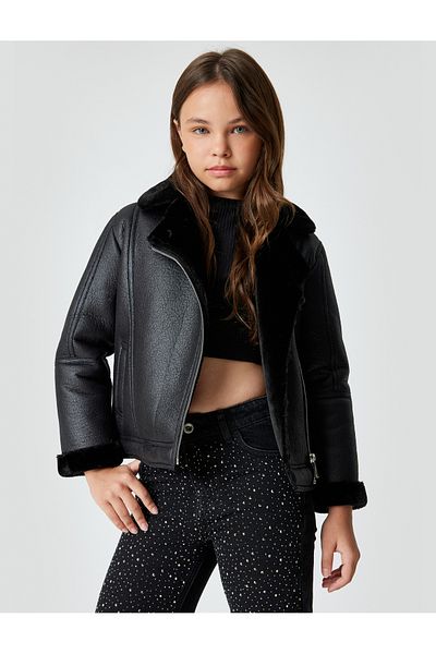 Koton Motorkářská bunda - kožený vzhled, umělá kožešina, detail límečku a zip