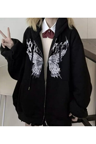 KAZEE Harajuku Butterfly Butterfly Printed Oversize Μαύρη ζακέτα με κουκούλα ...