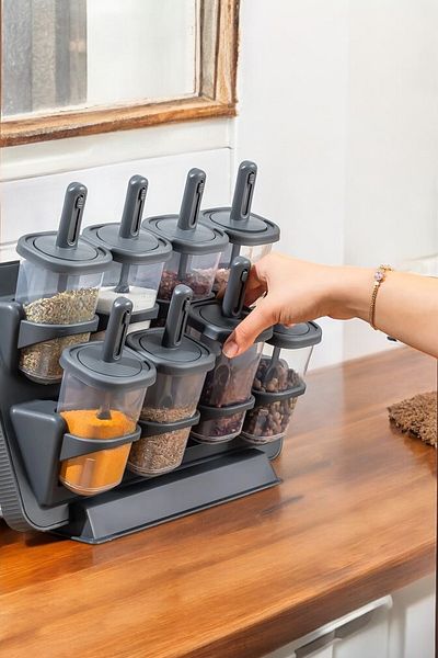 FERAH PLASTİK 8-Piece Black Spice Rack Set with Spoon - Wall Mounted