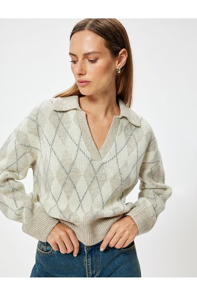 Koton Polo Collar Diamond Patterned Soft Knitwear Sweater