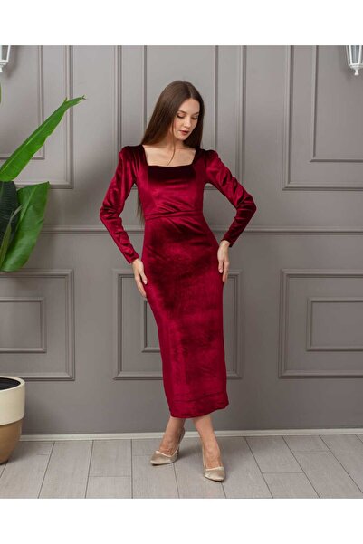 CİXAPLE Kare Yaka Likralı Kadife Elbise