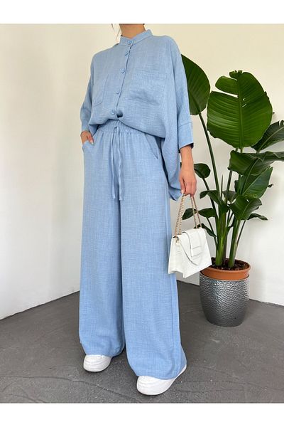 Modamorfo Blaues, lockeres Hemd-Set – doppelte Taschen, halbe Fledermausärmel
