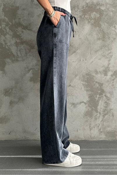 macharel jeans Anthracite Waist Elastic Wide Leg Pocket Trousers