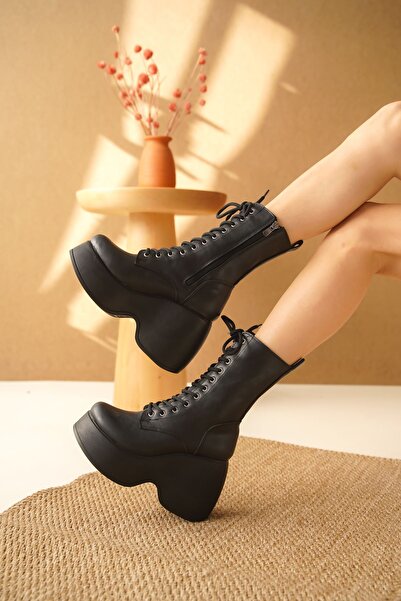 MODAADAM Γυναικείες μπότες με κορδόνια με σφήνα σόλα - μαύρο-δερμάτινο