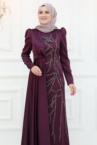 Amine Hüma Σατέν Βραδινό Φόρεμα - Burçin Plum