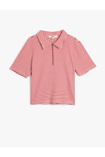 Koton Slim-Fit-Crop-T-Shirt mit Polokragen – halber Reißverschlussdetail, kur...