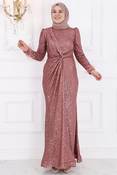Amine Hüma Dusty Rose Hijab βραδινό φόρεμα - İkbal Payetli