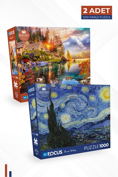 Blue Focus 2 Piece 1000 Piece Puzzle - Starry Night and Mountain Houses Design