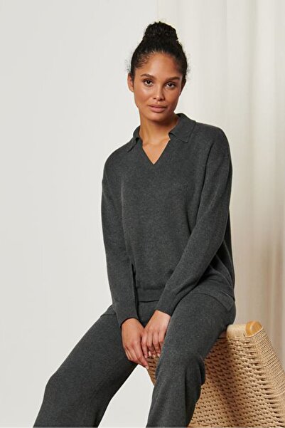 Tchibo Women Spread Collar Long Sleeve Pullover Knitted Jumper, Charcoal