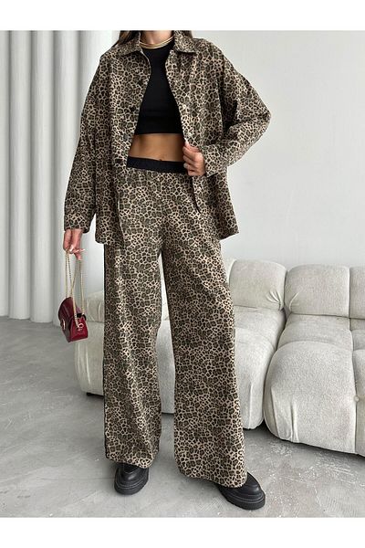 SEDA FİDAN Brown Gabardine Leopard Set - Piping