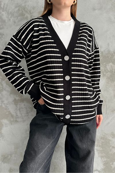 macharel jeans Cardigan din tricotaje cu dungi late cu aspect tweed