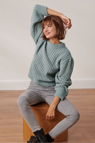 Tchibo Women Crew Neck Long Sleeves Textured Sweater, Blue