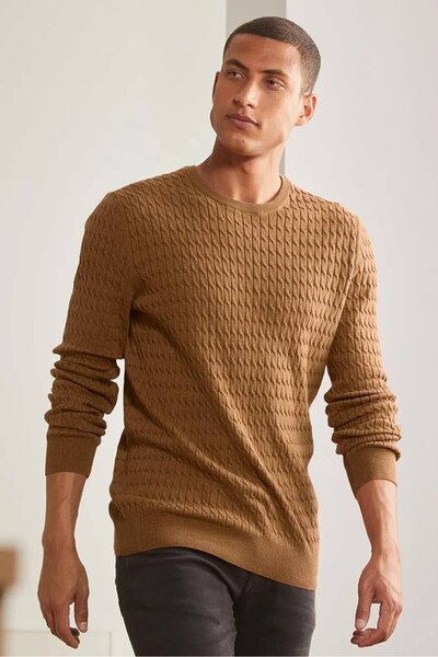 Tchibo Men Crew Neck Long Sleeve Textured Sweater, Brown