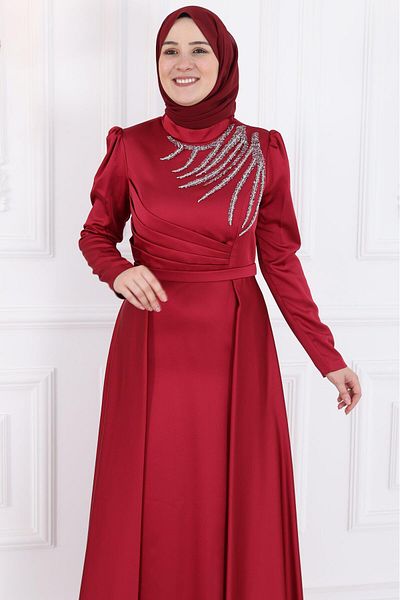 Amine Hüma Βραδινό φόρεμα Berceste Satin Μπορντό