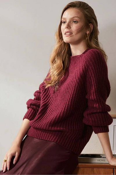 Tchibo Women Crew Neck Textured Sweater, Bordeaux