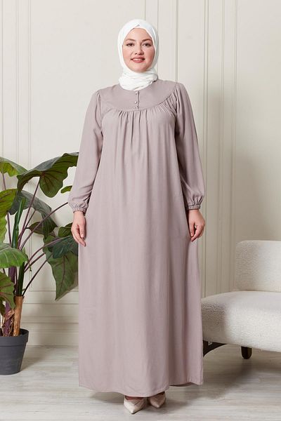 Ferace Large Size High Collar Viscose Hijab Dress - Fabric Pleated and Pleated