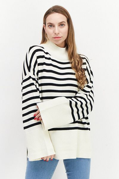Tchibo Women Mock Neck Stripe Knitted Sweater, Ivory