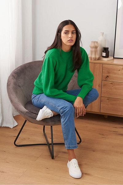 Tchibo Women Crew Neck Long Sleeve Plain Sweater, Green