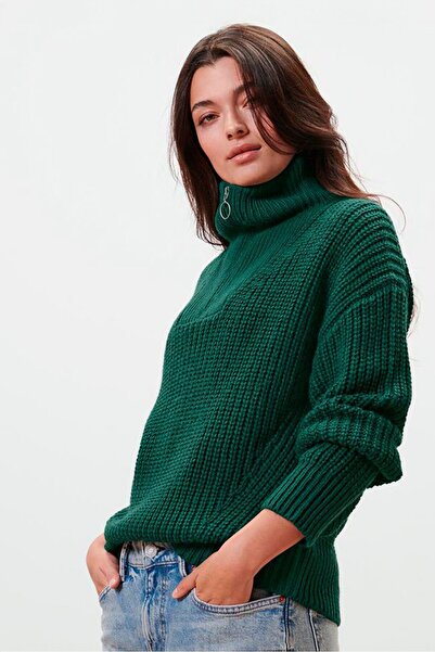 Tchibo سترة نسائية محبوكة بأكمام طويلة وتفاصيل نصف سحاب، باللون الأخضر