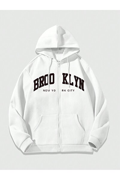 Know Γυναικεία ζακέτα με φερμουάρ με 3 κλωστές λευκή μπρούκλιν με στάμπα με κουκούλα