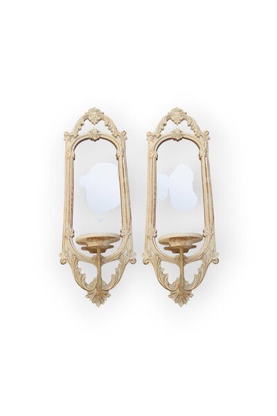 Peramari koratif Polyester İkili Niş Dikdörtgen Aynalı Mumluk Takımı Krem Eskitme